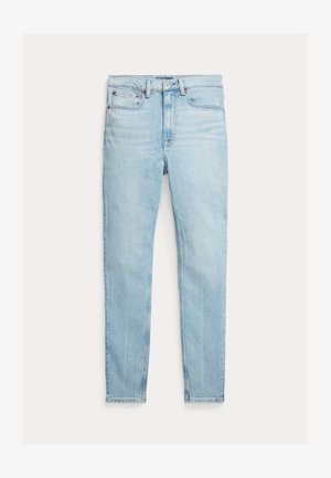 Jeans din denim de un albastru deschis, cu o siluetă ajustată, design cu cinci buzunare și cusături vizibile. Țesătura are o textură moale și o ușoară decolorare.