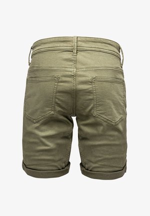 Olivengrüne Baumwollshorts mit glatter Textur, ausgestattet mit einem aufrollbaren Saum, zwei Gesäßtaschen und Gürtelschlaufen.