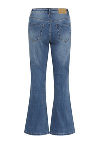 Niebieskie dżinsy z wysokim stanem, tylnymi kieszeniami, delikatnym wyblaknięciem i rozszerzonymi nogawkami.