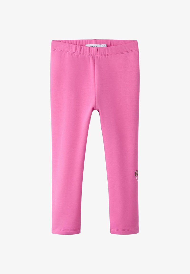 Leggings rosa realizzati in tessuto elasticizzato, con una superficie liscia e un dettaglio decorativo ricamato sulla parte inferiore della gamba.