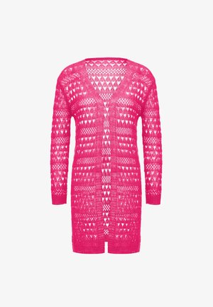 Pöttyös szív mintázatú, élénk rózsaszín kötött kardigán, V-kivágással, hosszú ujjal és nyitott elülső résszel.