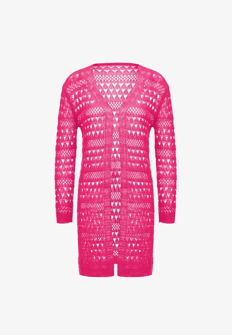 Cárdigan de punto en un rosa vibrante, con escote en V, mangas largas, abertura frontal y una textura con motivo de corazones en todo el diseño.