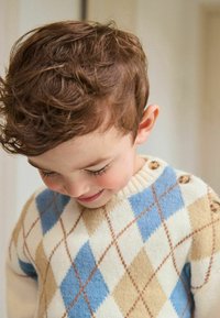 Gebreide trui met een argyle-patroon in beige, blauw en crème. Ronde halslijn met decoratieve knopen op de schouder. Zachte textuur.