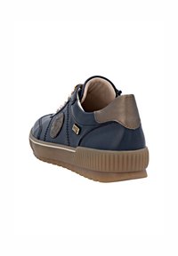 Navy blue sneaker featuring leather material, textured accents, a round logo, a cushioned interior, and a rubber sole with vertical grooves.