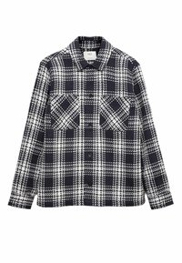 Granatowa i biała koszula-kurtka w kratę z kołnierzykiem, dwiema przednimi kieszeniami i zapięciem na guziki. Teksturowany materiał, długie rękawy i luźny krój.