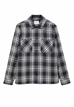 Navy en wit geruit shirtjack met kraag, twee voorzakken en knoopsluitingen. Gestructureerde stof, lange mouwen en een relaxed fit.