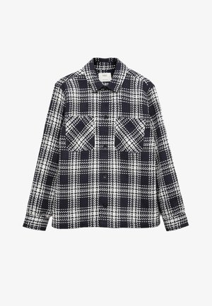 Navy en wit geruit shirtjack met kraag, twee voorzakken en knoopsluitingen. Gestructureerde stof, lange mouwen en een relaxed fit.