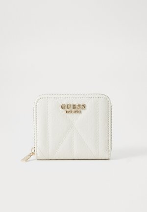 White zippered wallet with quilted pattern, featuring a gold logo, and textured surface. Compact design with a small zipper pull accent.