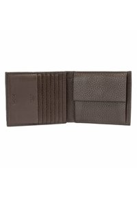 Portafoglio in pelle marrone con finitura strutturata, numerosi scomparti per carte e un vano separato con interno liscio.