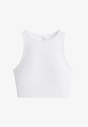 Hvid ribbet crop top med rund hals og ærmeløs design. Har et tekstureret stof for ekstra detaljer og fleksibilitet.