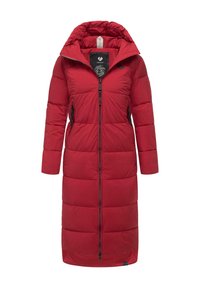 Red puffer coat with a hood, featuring a vertical front zipper, quilted texture, and side pockets with black accents.