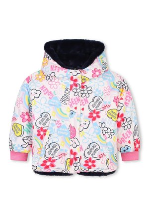 Doudoune enfant avec capuche, motifs floraux colorés et signe de paix, mots comme "flower power" et "green," et poignets côtelés roses.