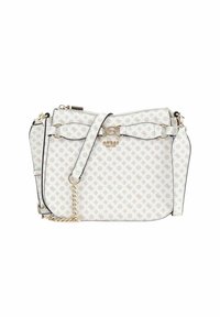 Borsa in ecopelle bianca con un motivo a logo dorato ripetuto, tracolla a catena removibile e chiusura con cerniera sicura. Accenti in nero.