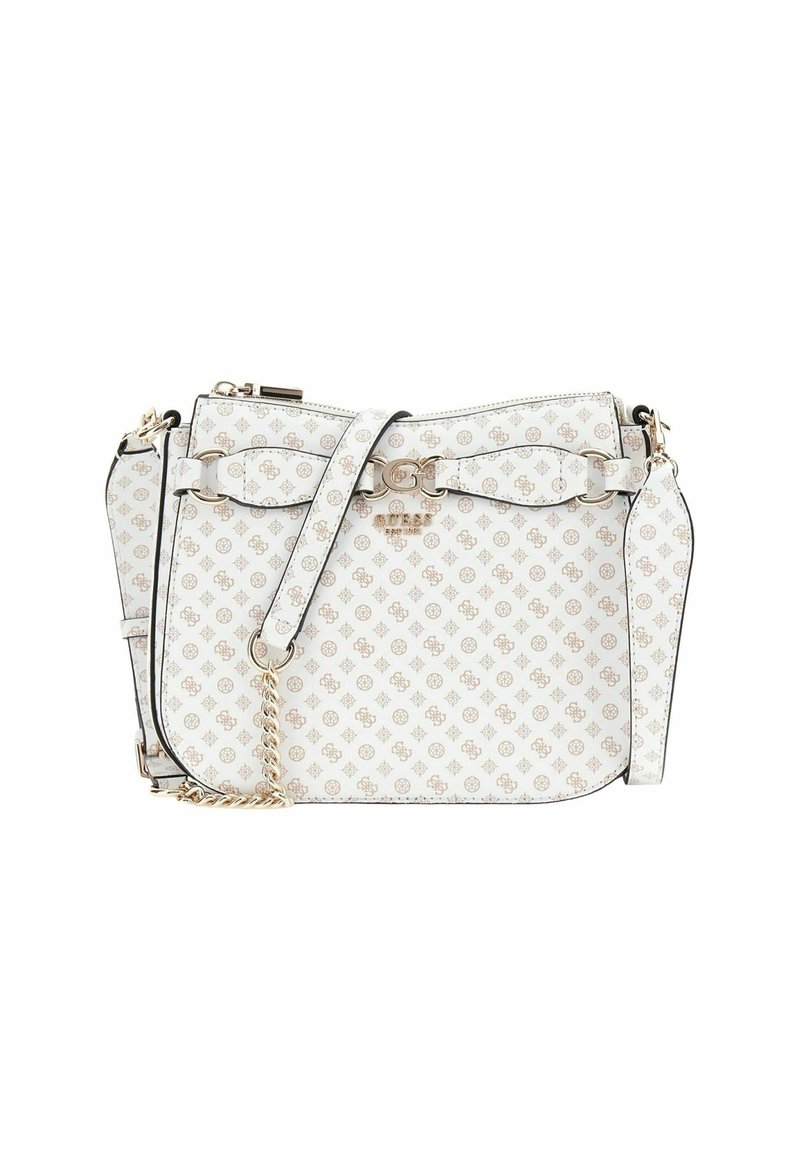 Borsa in ecopelle bianca con un motivo a logo dorato ripetuto, tracolla a catena removibile e chiusura con cerniera sicura. Accenti in nero.