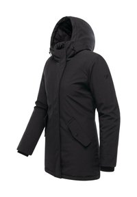 Black insulated winter jacket with hood, front zipper, two flap pockets, and adjustable hood cords, displayed against a white background.