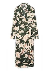 Robe longue à fleurs avec un fond vert profond et des fleurs roses, un col, un design drapé et un détail à la taille nouée.
