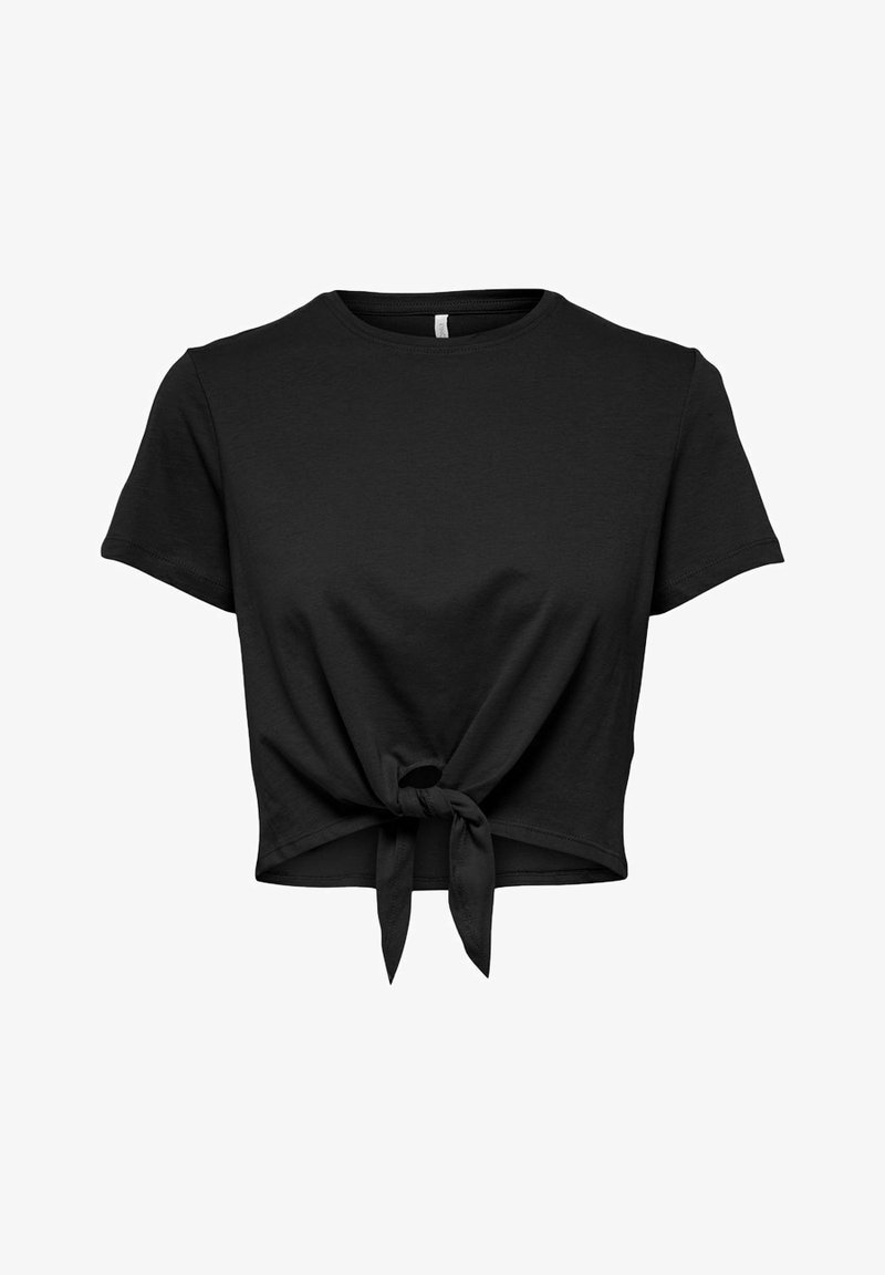 Black cropped t-shirt made of soft fabric, featuring short sleeves and a front knot detail at the hem. Simple, solid color design.