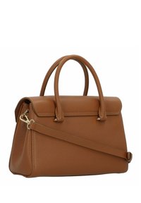 Borsa a mano in pelle marrone con due manici superiori, una tracolla removibile e dettagli hardware dorati. Presenta una forma strutturata e una superficie testurizzata.