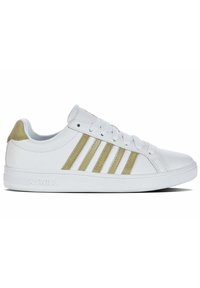 White sneaker with gold accents, made of smooth leather. Features five side stripes, reinforced heel, and flat rubber sole.