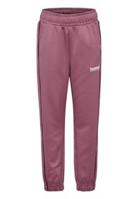 Lilla sweatpants lavet af blødt stof, med elastisk talje, sidelommer og sorte sidestriber. Logo trykt på fronten.