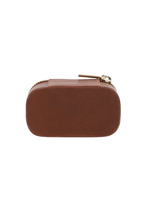 Brown leather zipper pouch, rectangular shape, smooth texture, gold hardware, stitching detail along the seams, subtle sheen.