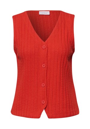Gilet rosso senza maniche in maglia con scollo a V, quattro bottoni sul davanti e trama a coste.