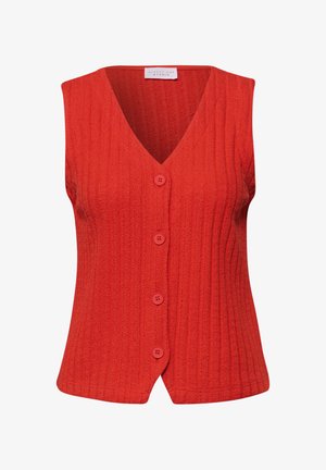 Gilet rosso senza maniche in maglia con scollo a V, quattro bottoni sul davanti e trama a coste.