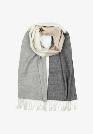 Grijs- en beige sjaal gemaakt van zachte stof, met een colorblock-ontwerp en franjes aan de randen. Rechthoekige vorm, gladde textuur.