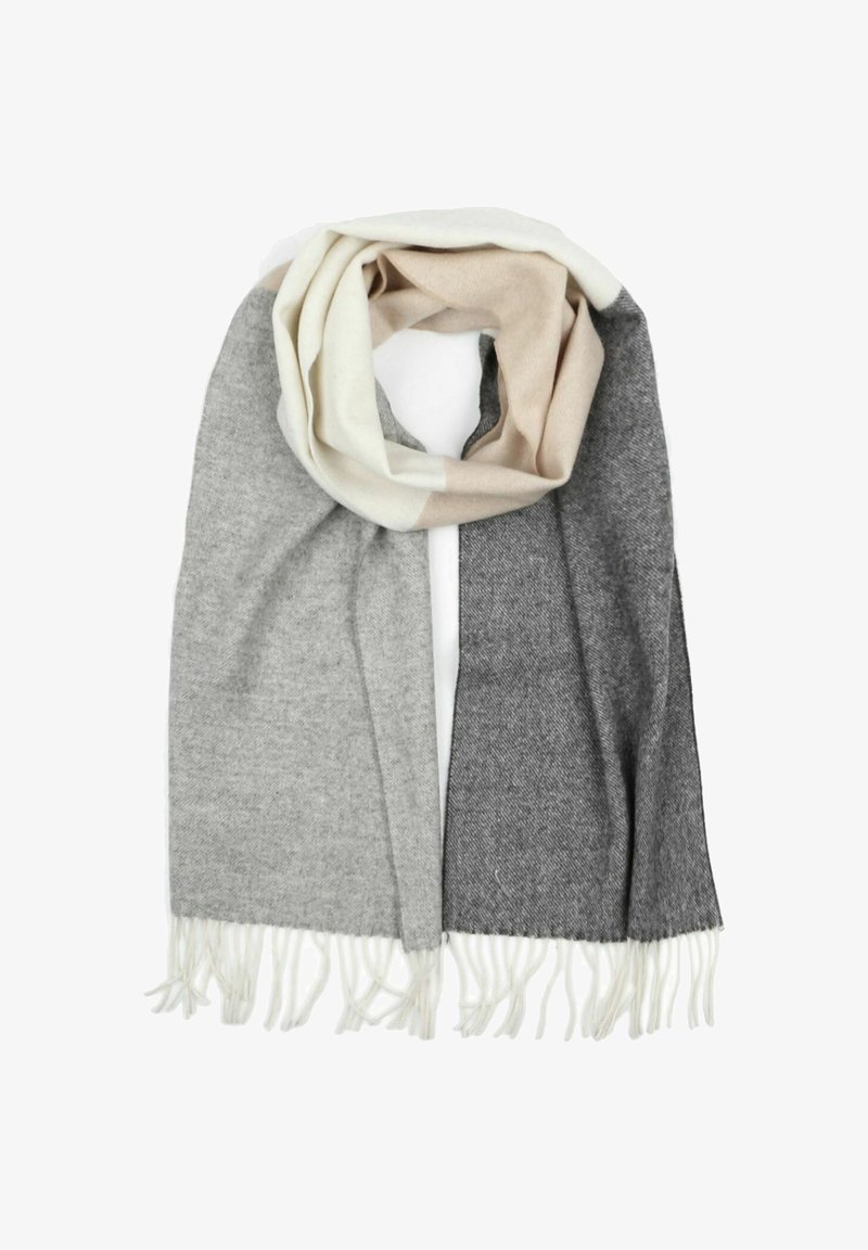 Grijs- en beige sjaal gemaakt van zachte stof, met een colorblock-ontwerp en franjes aan de randen. Rechthoekige vorm, gladde textuur.