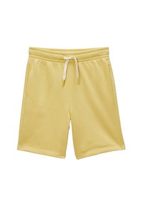 Shorts en coton jaune avec une taille élastique et un cordon de serrage, texture lisse, longueur genoux, avec des accents blancs sur les côtés.