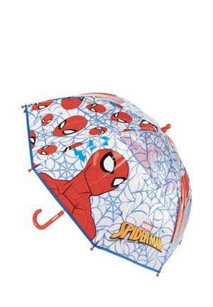 Ombrello per bambini con volti rossi di Spider-Man e ragnatele blu su una copertura trasparente, con manico curvo rosso e logo Marvel Spider-Man.