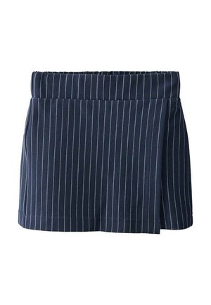 Navy blue skirt with white vertical stripes, featuring a wrap design and a flat waistband. Made from a smooth fabric with a lightweight texture.