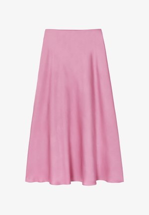 Pink A-line midi skirt made of smooth fabric, featuring a high waist and flowing hem for a relaxed silhouette. No visible patterns or accents.