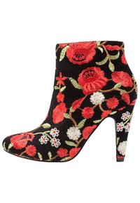 Schwarze Stoff-Ankle-Boots mit lebhaftem roten und weißen Blumenstickerei. Sie haben eine spitze Zehenform und einen schlanken Stiletto-Absatz.