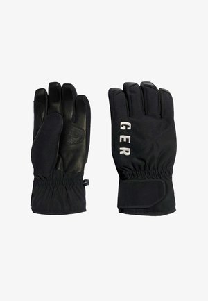 Para czarnych zimowych rękawiczek z elastycznymi nadgarstkami, skórzanymi dłońmi i nadrukiem "GER" na grzbiecie prawej rękawiczki.