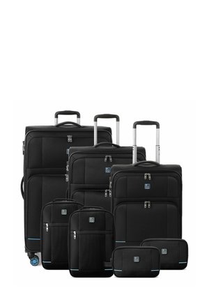 Black luggage set featuring varying sizes, made of durable fabric with zippers, telescopic handles, and blue accents on wheels and edges.