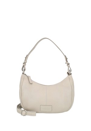 Kleine beige Lederschultertasche mit verstellbaren und abnehmbaren Riemen, Reißverschlussverschluss und dezent geprägtem Markenlabel vorne.