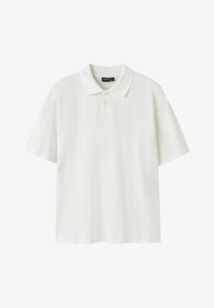 White short-sleeve polo shirt with two buttons and a classic collar, displayed against a plain white background.