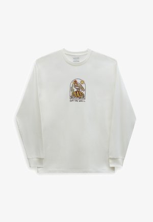T-shirt Vans à manches longues blanc avec un graphisme sur le thème du désert représentant un vautour perché sur un logo Vans, un cactus, un soleil, et le texte "OFF THE WALL" en dessous.