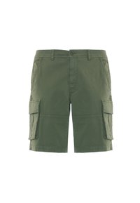 Pantaloni cargo verde oliva realizzati in tessuto leggero, con due tasche laterali e due tasche cargo, dotati di chiusura con bottone e zip.