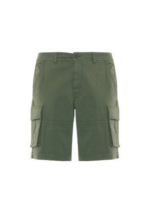 Pantaloni cargo verde oliva realizzati in tessuto leggero, con due tasche laterali e due tasche cargo, dotati di chiusura con bottone e zip.