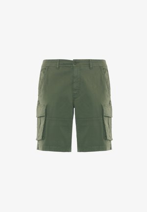 Pantaloni cargo verde oliva realizzati in tessuto leggero, con due tasche laterali e due tasche cargo, dotati di chiusura con bottone e zip.