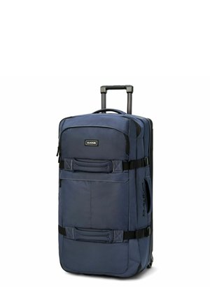 Valise à roulettes en nylon marine avec double poignées, trolley rétractable, grand compartiment principal et deux poches avant sécurisées par des sangles noires.