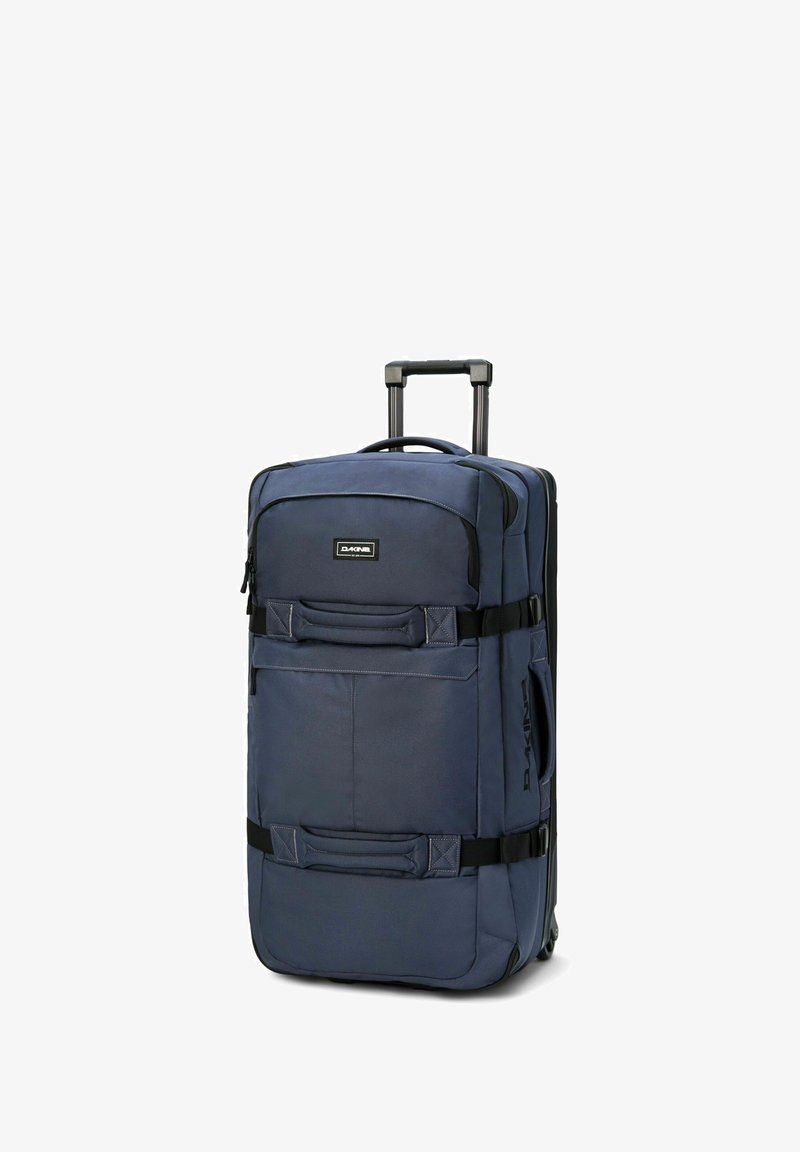 Marineblaue Nylontrekkingstasche mit zwei Griffen, ausziehbarem Trolley, großem Hauptfach und zwei vorderen Taschen, die mit schwarzen Riemen gesichert sind.