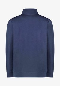 Marineblauwe lange mouwen polo met een hoge kraag, gemaakt van gestructureerde stof. Beschikt over een rechte zoom en een minimalistisch ontwerp, zonder zichtbare logo's.