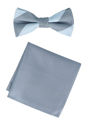 Light blue textured men's bow tie with matching pocket square, both featuring subtle diagonal patterns on a white background.