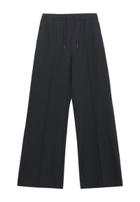 Dark gray wide-leg trousers with an elastic waistband, featuring a check pattern and subtle drawstring accents. Vertical pleats enhance shape.