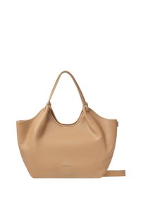 Beige læderhåndtaske med en blød tekstur, rund form, dobbelte håndtag og subtilt logo-detalle på forsiden. Justerbar rem medfølger.