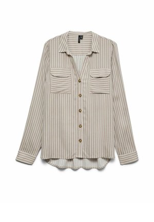 Beige og hvide lodrette stribede langærmet skjorte med krave, to brystlommer foran med klapper og fem brune knapper på fronten.