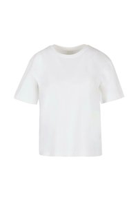Hvid kortærmet t-shirt, lavet af bomuld, med rund halsudskæring og afslappet pasform. Glat tekstur, uden synlige mønstre eller udsmykninger.